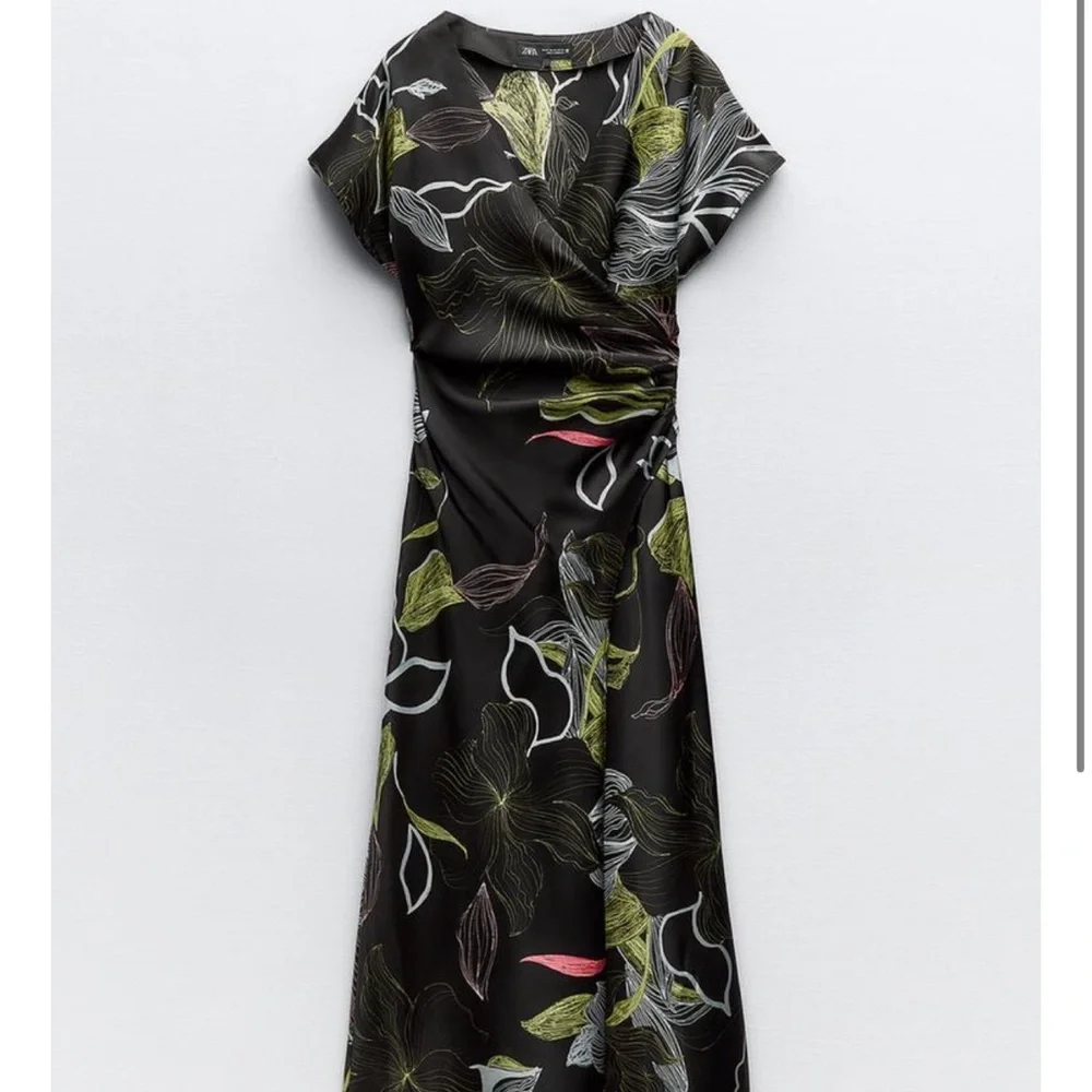 Zara Black Floral Midi Dress with Green and White Accents